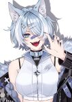  1girl :d absurdres animal_ear_fluff animal_ears aqua_eyes bandaid bandaid_on_face bandaid_on_nose black_nails blue_hair breasts claw_pose elira_pendora elira_pendora_(6th_costume) fangs fingernails fur-trimmed_jacket fur_trim hair_over_one_eye highres jacket large_breasts long_fingernails midriff mole mole_on_armpit nijisanji nijisanji_en off_shoulder short_hair simple_background smile solo upper_body virtual_youtuber white_background wolf_ears yakira00 