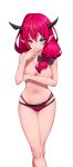  1girl bikini bikini_bottom_only black_bikini black_horns blue_eyes bow breasts cowboy_shot double_bikini hair_bow hair_over_shoulder hand_up heterochromia highleg highleg_bikini highres hololive hololive_english horns irys_(hololive) irys_(holonatsu_paradise)_(hololive) long_pointy_ears low_side_ponytail multi-strapped_bikini_bottom multicolored_hair navel o-ring o-ring_bikini official_alternate_costume pink_eyes pointy_ears purple_bikini purple_hair red_streaks side_ponytail simple_background skaarl_(artist) solo star-shaped_pupils star_(symbol) stomach streaked_hair swimsuit symbol-shaped_pupils topless_female virtual_youtuber white_background 