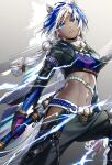  1girl absurdres animal_ears arclight_(arknights) arknights arknights:_endfield black_pants braid braided_sidelocks clothing_cutout commentary_request cropped_hoodie dark-skinned_female dark_skin forehead_jewel highres hip_vent holding holding_sword holding_weapon hood hoodie horse_ears horse_girl horse_tail lightning midriff multicolored_hair navel pants r777668 reverse_grip side_braids sidelocks solo sword tail weapon white_hair 