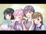  4girls anyoji_hime anyoji_hime_(hasu_no_shoushihenkei_no_kyuujitsu) bare_shoulders black_hair blue_sweater_vest blush bob_cut braid brown_skirt center-flap_bangs closed_eyes commentary eating food green_eyes green_shirt grey_hair grey_shirt hair_ornament hasu_no_shoushihenkei highres holding holding_food holding_ice_cream ice_cream inverted_bob kachimachi_kosuzu kachimachi_kosuzu_(hasu_no_shoushihenkei_no_kyuujitsu) katanashi_(ktnsh_popu) katsuragi_izumi katsuragi_izumi_(hasu_no_shoushihenkei_no_kyuujitsu) letterboxed love_live! love_live!_hasu_no_sora_jogakuin_school_idol_club momose_ginko momose_ginko_(hasu_no_shoushihenkei_no_kyuujitsu) multiple_girls one_eye_closed orange_eyes pink_hair ponytail purple_eyes purple_shirt shirt short_hair side_braids skirt sweater_vest upper_body virtual_youtuber 