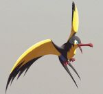  beak bird blue_eyes commentary ewokakukaede flying from_side grey_background kilowattrel no_humans open_mouth pokemon pokemon_(creature) pokemon_focus talons untranslatable_commentary 