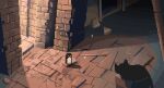  animal animated animated_gif bird black_cat box brick_floor brick_wall cardboard_box cat crack_of_light darkness decomposedmaw doorway light_particles looping_animation no_humans original penguin pixel_art rock ruins scenery shadow sidelighting sunlight wind 