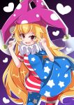  1girl absurdres american_flag american_flag_dress american_flag_legwear american_flag_print blonde_hair blush clownpiece combat2000_(kuroneko) commentary_request double_v dress fairy_wings flag_print gradient_background hat heart highres jester_cap leaning_forward long_hair looking_at_viewer neck_ruff open_mouth pantyhose polka_dot polka_dot_headwear purple_background purple_hat red_eyes short_sleeves smile solo star_(symbol) star_print striped_clothes striped_dress striped_pantyhose touhou v very_long_hair wings 