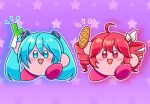  blue_eyes blue_hair bread commentary cosplay drill_hair food full_body hatsune_miku hatsune_miku_(cosplay) highres holding holding_food kaoling kasane_teto kasane_teto_(cosplay) kasane_teto_(sv) kirby kirby's_dream_land kirby_(series) pink_background red_eyes red_hair spring_onion star_(symbol) synthesizer_v twin_drills twintails utau vocaloid 