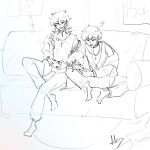  2boys choker commentary controller couch cross cross_necklace dual_persona english_commentary full_body gluttony_gods greyscale grin holding holding_controller in-franchise_crossover inverted_cross inverted_cross_necklace jacket jacket_partially_removed jewelry killer_chat! male_focus monochrome multiple_boys necklace nolonger.human outstretched_leg ronin_(gluttony_gods) ronin_(killer_chat) short_hair sitting smile 