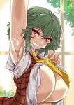  aoi_manabu areola_slip areolae arm_up armpits ascot blush breasts green_hair grin heavy_breathing huge_breasts kazami_yuuka open_clothes plaid plaid_vest red_eyes short_hair smile solo sweat touhou vest window 