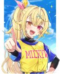  1girl :d absurdres baseball_uniform belt black_undershirt blonde_hair blue_belt blue_shirt blue_sky blue_streaks cloud cloudy_sky commentary_request contrail dakuryuu day hair_flaps hair_ribbon heterochromia highres hoshikawa_sara long_hair looking_at_viewer multicolored_hair nijisanji nijisanji_koshien official_alternate_costume pink_ribbon pointing pointing_at_viewer ponytail print_shirt red_eyes ribbon shirt short_sleeves signature sky smile solo sportswear star_(sky) starry_sky streaked_hair summer sweat two-tone_ribbon upper_body virtual_youtuber yellow_eyes yellow_ribbon yellow_shirt 