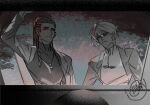 2boys car_trunk coat commentary dreadlocks english_commentary hair_over_shoulder half-closed_eyes hand_up high_ponytail hw4n killer_chat! limited_palette male_focus multiple_boys open_clothes open_coat original ponytail pov short_hair turtleneck upper_body v_(killer_chat) 