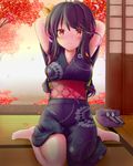  alternate_costume architecture arms_behind_head arms_up autumn_leaves barefoot black_hair blush breasts closed_mouth commentary_request east_asian_architecture em_s hair_ribbon highres indoors japanese_clothes kantai_collection kimono long_hair looking_at_viewer multicolored_hair naganami_(kantai_collection) obi pink_hair ribbon sash sidelocks sitting small_breasts solo streaked_hair sweat turret wariza wide_sleeves yellow_eyes yellow_ribbon 