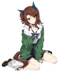  1girl animal_ears black_choker blue_skirt blush bow breasts brown_hair brown_shoes cardigan carrot_hair_ornament choker collarbone commentary_request ear_bow ear_covers food-themed_hair_ornament green_bow green_cardigan hair_ornament hairclip horse_ears horse_girl horse_tail king_halo_(umamusume) long_hair looking_at_viewer looking_back ninjin_nouka open_cardigan open_clothes red_eyes school_uniform shirt shoes sitting skirt socks solo striped_bow tail umamusume wariza white_shirt white_socks 