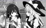 2girls amayakomoru ascot bow braid commentary_request cup detached_sleeves frilled_bow frilled_hair_tubes frills greyscale hair_bow hair_tubes hakurei_reimu hat hat_bow holding holding_cup kirisame_marisa long_hair monochrome multiple_girls open_mouth puffy_short_sleeves puffy_sleeves ribbon-trimmed_sleeves ribbon_trim short_sleeves side_braid single_braid touhou upper_body vest witch_hat yunomi 
