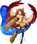  1girl alternate_color arm_cannon atom bird_wings black_thighhighs bow breasts brown_hair cape chest_eye collared_shirt control_rod_(touhou) feathered_wings frilled_shirt_collar frilled_skirt frills full_body game_asset hair_bow highres large_breasts long_hair looking_at_viewer official_art print_cape red_eyes red_shoes red_wings reiuji_utsuho rotte_(1109) shirt shoes simple_background skirt solo starry_sky_print thighhighs third-party_source third_eye touhou touhou_lostword transparent_background two-sided_cape two-sided_fabric very_long_hair weapon wings yellow_bow yellow_cape yellow_shirt yellow_skirt 