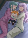  2girls blush character_doll commentary_request doll feet_out_of_frame green_eyes highres long_hair looking_at_another love_live! love_live!_superstar!! loveliveluckysk lying multiple_girls onitsuka_tomari open_mouth pajamas pillow purple_eyes shibuya_kanon twintails wien_margarete 