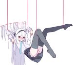  1girl ass black_hairband black_skirt black_thighhighs blue_archive blue_necktie blush bound bow caffeinesonsari closed_mouth collared_shirt commentary double-parted_bangs english_commentary hair_between_eyes hair_bow hairband half_updo halo hanging highres kei_(blue_archive) kei_(student)_(blue_archive) long_hair_between_eyes looking_at_viewer loosely_tucked_bangs necktie panties pink_eyes pink_halo pink_panties pleated_skirt rectangular_halo ringed_eyes shirt skirt solo string striped_clothes striped_panties thighhighs tied_up_(nonsexual) underwear upskirt white_panties white_shirt 