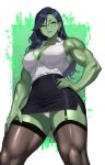  1girl absurdres black_hair black_skirt black_thighhighs breasts cleavage colored_skin commentary curtained_hair earrings english_commentary eyelashes fingernails from_below garter_straps green-framed_eyewear green_eyes green_lips green_skin hand_on_own_hip hand_on_own_thigh highres jewelry large_breasts long_fingernails long_hair marvel muscular muscular_female necklace panties parted_lips pencil_skirt revision she-hulk shirt skirt sleeveless sleeveless_shirt smile solo teeth thick_thighs thighhighs thighs tsu.toxine underwear white_background white_panties white_shirt 