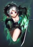  &gt;:( armor aura belt breasts cleavage closed_mouth commentary dress folded_ponytail foreshortening frown full_body highres holding holding_sword holding_weapon hou_akira incoming_attack league_of_legends looking_at_viewer loose_belt medium_breasts red_eyes riven_(league_of_legends) short_dress short_hair silver_hair solo strapless strapless_dress sword v-shaped_eyebrows weapon white_dress 