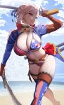  1girl absurdres american_flag american_flag_bikini american_flag_print asymmetrical_gloves beach bikini blue_eyes blue_shrug blue_sky breasts brown_gloves bun_cover choker cleavage commentary_request fate/grand_order fate_(series) film_grain fingerless_gloves flag_print flag_print_bikini gloves gunblade hair_bun hair_ribbon highres large_breasts long_hair long_sleeves looking_at_viewer miyamoto_musashi_(fate) miyamoto_musashi_(swimsuit_berserker)_(fate) miyamoto_musashi_(swimsuit_berserker)_(second_ascension)_(fate) navel pink_hair print_bikini ribbon satou_0_zero shore shrug_(clothing) single_side_bun sky smile solo swept_bangs swimsuit thighhighs thighs weapon 
