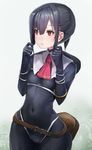  belt black_bodysuit black_hair bodysuit bracelet breasts covered_navel gloves hair_between_eyes highres jewelry looking_away looking_to_the_side necktie original parted_lips pouch red_eyes red_neckwear skin_tight small_breasts solo taishi_(picchiridou) wide_hips 