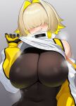  1girl absurdres blonde_hair blush bodystocking breasts clothes_lift commentary covered_navel curvy elegg_(nikke) english_commentary gloves goddess_of_victory:_nikke grin hair_over_eyes highres igarashi_gozo large_breasts simple_background smile solo upper_body 