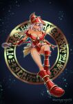  1girl alternate_color artist_name bare_shoulders blush_stickers boots breasts cleavage dark_magician_girl full_body hat hexagram highres holding holding_wand large_breasts long_hair looking_at_viewer pentacle pentagram phrygian_helmet sengenjin31 showgirl_skirt sky smile solo star_(sky) starry_sky wand wizard_hat yu-gi-oh! yu-gi-oh!_duel_monsters 