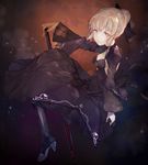  artoria_pendragon_(all) black_dress black_legwear blonde_hair breasts cleavage dark_excalibur dress fate/grand_order fate/stay_night fate_(series) high_heels holding holding_sword holding_weapon kikkaiki looking_at_viewer medium_breasts saber_alter smile solo sword weapon yellow_eyes 