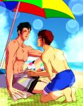  2boys amuro_ray barefoot beach beach_towel beach_umbrella black_hair blue_sky bright_noa brown_hair commentary_request cup full_body gundam highres holding holding_cup kneeling looking_at_another male_focus male_swimwear mobile_suit_gundam multiple_boys nipples ocean outdoors pectorals rugiusu007 short_hair sitting sky sweat swim_trunks topless_male towel umbrella 