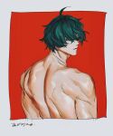  1boy absurdres ahoge back border closed_mouth commentary_request em070720 from_behind green_hair highres lighter_(zenless_zone_zero) looking_at_viewer looking_back male_focus median_furrow nude outside_border red_background short_hair simple_background solo upper_body white_border zenless_zone_zero 