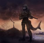  5_fingers anthro boots clothed clothing fin fish footwear gas_mask grass grey_eyes grey_skin gun holding_object holding_weapon koul looking_at_viewer male marine mask nuclear_symbol outside ranged_weapon s.t.a.l.k.e.r. shark solo standing tree twilight video_games weapon 