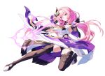  1girl absurdres arrow_(projectile) black_boots black_shorts blue_eyes boots bow_(weapon) breasts cape corset elf elysia_(honkai_impact) elysia_(miss_pink_elf)_(honkai_impact) energy_arrow hair_ornament highres holding holding_arrow holding_bow_(weapon) holding_weapon honkai_(series) honkai_impact_3rd kun_kun large_breasts long_hair pink_hair pointy_ears short_shorts shorts simple_background smile solo thigh_boots very_long_hair weapon white_background white_corset 