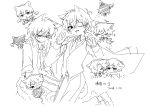  1girl 6+boys amano_mashiro angel_wings bags_under_eyes cat_boy chibi chibi_inset chinese_commentary clenched_hands commentary_request detached_wings dress_shirt esse_series everyone eyepatch formal_clothes griffin_stewart hands_up hapr_(noneprice) hitani_(esse_series) izumi_(esse_series) kemonomimi_mode kobayashi_luca kuchinashi_dabi looking_at_viewer multiple_boys multiple_persona paw_pose shaded_face shirt sketch sparkle suit tonimura_yui wings xx_(esse_series) yarn yarn_ball 