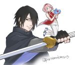  1boy 1girl black_cloak black_eyes black_hair boruto:_naruto_next_generations boruto_(series) bracelet capri_pants cloak collared_cloak commentary_request facial_mark fingerless_gloves forehead_mark gloves green_eyes hair_over_one_eye hairband haruno_sakura high_heels holding holding_sword holding_weapon husband_and_wife jewelry midriff_peek naruto_(series) navel okamine_yuiko pants pink_hair red_hairband reverse_grip smile sword twitter_username uchiha_sasuke uchiha_symbol weapon white_pants 