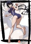  antenna_hair ass bad_anatomy barefoot black_hair blue_eyes breasts clenched_hands competition_swimsuit covered_nipples full_body highres kaminashi_nozomi keijo!!!!!!!! kukuruyo large_breasts long_hair one-piece_swimsuit patreon_logo patreon_username signature skin_tight smile soles solo swimsuit twisted_torso very_long_hair watermark web_address zoom_layer 