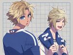  2boys akzk_kh artist_name blonde_hair blue_eyes commentary_request dissidia_duellum_final_fantasy dissidia_final_fantasy final_fantasy final_fantasy_x final_fantasy_xv freckles grid_background highres jersey male_focus multiple_boys open_mouth parted_bangs prompto_argentum short_hair smile swept_bangs tidus towel towel_around_neck twitter_username upper_body 