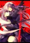  &gt;:( ahoge armor armored_dress armpit_peek bare_shoulders black_gloves chain commentary_request cowboy_shot dual_wielding elbow_gloves fate/grand_order fate_(series) flag from_below frown gauntlets gloves headpiece holding holding_sword holding_weapon jeanne_d'arc_(alter)_(fate) jeanne_d'arc_(fate)_(all) letterboxed long_hair looking_at_viewer looking_down parted_lips reverse_grip solo sword v-shaped_eyebrows very_long_hair weapon white_hair yellow_eyes yude 