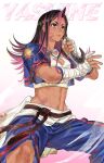  1girl abs alternate_hairstyle bandages belt black_hair blood blue_jacket blue_pants breasts bruise cleavage cleavage_cutout clothing_cutout commentary crop_top cropped_jacket cropped_shirt dagger dark-skinned_female dark_skin english_commentary fighting_stance hand_wraps highres holding horns injury jacket knife long_hair medium_breasts midriff multicolored_hair muscular muscular_female navel official_alternate_costume official_alternate_hairstyle open_clothes open_jacket pants personification pink_hair reverse_grip shirt single_horn solo sports_bra streaked_hair street_fighter street_fighter_6 toned two-tone_hair weapon wrist_wrap yasmine_(street_fighter) zosunnn 