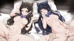  2boys 2girls animal_ears bell black_hair black_pubic_hair blue_bow blue_bowtie blue_eyes blush bouncing_breasts bow bowtie breasts brown_eyes brown_hair cat_ears censored commentary_request female_pubic_hair group_sex heart heart_censor hetero highres idolmaster idolmaster_million_live! kamen_per kemonomimi_mode kitazawa_shiho long_hair medium_breasts missionary mogami_shizuka mosaic_censoring multiple_boys multiple_girls navel neck_bell nipples nude orgy partial_commentary penis pubic_hair purple_bow purple_bowtie pussy sex unaligned_breasts vaginal 