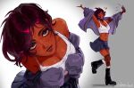  1girl :d absurdres arms_up art_fight_attack artist_name bad_anatomy bad_face bad_hands black_boots blue_skirt bluesky_username blush boots breasts cleavage commentary crop_top dark-skinned_female dark_skin english_commentary fishnet_thighhighs fishnets gift_art gradient_background grey_background highres instagram_username jacket jacket_partially_removed large_breasts len_(lensilais) looking_at_viewer medium_hair mesh midriff multiple_views navel open_mouth original parted_lips pleated_skirt purple_jacket red_hair shirt simple_background skirt sleeves_past_fingers sleeves_past_wrists smile standing thighhighs tiktok_username twitter_username variant_set white_shirt 