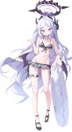  1girl :o absurdres ahoge alternate_costume alternate_hairstyle arm_up bare_legs bikini bikini_skirt black_halo black_horns blue_archive blush bow breasts collarbone commentary demon_girl demon_horns demon_wings frilled_bikini frills front-tie_bikini_top front-tie_top full_body grey_bikini groin hair_bow halo highres hina_(blue_archive) holding holding_swim_ring horns long_hair long_sidelocks looking_at_viewer low_wings multiple_hair_bows multiple_horns navel o-ring o-ring_thigh_strap open_mouth purple_eyes purple_halo purple_wings raised_inner_eyebrows ruffle_bikini sb_lama side-tie_bikini_bottom sidelocks small_breasts solo stomach swim_ring swimsuit thigh_strap very_long_hair white_background white_hair wings 