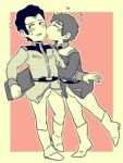  2boys amuro_ray belt blush boots border bright_noa chibi chibi_only closed_eyes commentary_request flying_sweatdrops full_body gundam heart highres holding holding_binder jacket kiss kissing_cheek long_sleeves male_focus military_uniform mobile_suit_gundam monochrome multiple_boys pants pink_background rugiusu007 short_hair standing yaoi 