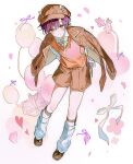  1boy arms_behind_back balloon brown_jacket brown_shoes brown_shorts caramel_0_0_v collared_shirt commentary earrings full_body hat heart_balloon horned_hat jacket jacket_on_arm jewelry lapels leaning_forward leg_warmers legwear_garter looking_at_viewer male_focus newsboy_cap notched_lapels orange_sweater_vest oto_rainy parted_bangs plaid_clothes plaid_jacket purple_eyes purple_hair purple_ribbon ribbon shirt shoes shorts single_earring skoshism smile socks solo striped_clothes striped_socks sweater_vest teardrop_earrings untranslatable_commentary utaite vertical-striped_clothes vertical-striped_socks virtual_youtuber white_leg_warmers white_shirt 