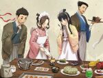  0shlkatsu 2boys 2girls ace_attorney apple apron aqua_kimono armor baking_sheet banana black_eyes black_hair black_hakama blue_kimono bowl brown_hair brown_haori cake cake_slice cherry closed_eyes closed_mouth commentary_request cookie cup dango dorayaki drinking_glass floral_print floral_print_kimono flour food fork fruit green_haori grey_background grey_kimono hair_ornament hair_rings hakama hakama_pants hand_on_own_head hand_up hands_up haori highres holding holding_fork holding_tray hurricane_glass ice_cream icing japanese_armor japanese_clothes jar kimono kote long_hair long_sidelocks looking_at_food low-tied_sidelocks maid_apron matcha_(food) maya_fey mixing_bowl momiji_manjuu multiple_boys multiple_girls multiple_scoops namagashi nerikiri open_mouth pants pastry_bag phoenix_wright plate powdered_sugar print_kimono pudding red_bean_paste ryunosuke_naruhodo scratching_cheek sherbet_cup shirt shirt_under_kimono short_hair sidelocks smile sparkle sphere_hair_ornament spoon standing steamed_bun susato_mikotoba table teapot the_great_ace_attorney thumbprint_cookie time_paradox tray updo wagashi waist_apron whisk white_apron white_hakama white_shirt wooden_table yellow_haori yunomi 