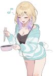  1girl absurdres bear_tail black_camisole blonde_hair blue_nails blush breasts camisole chopsticks cleavage closed_eyes collarbone colored_inner_hair commentary_request eyelashes facing_ahead fang fingernails frying_pan green_hoodie green_shorts hair_ornament hairclip highres holding holding_chopsticks holding_frying_pan hood hoodie komito_(komito5310) kurumi_noah kurumi_noah_(6th_costume) large_breasts leg_tattoo long_sleeves medium_hair multicolored_hair musical_note nail_polish open_mouth pink_lips purple_hair shorts simple_background skin_fang smile solo striped_clothes striped_hoodie tail tail_wagging tattoo teddy_bear_hair_ornament thighs two-tone_hair virtual_youtuber vspo! white_background 