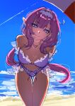  1girl arms_behind_back backlighting bare_shoulders beach beach_umbrella bikini blue_eyes blue_sky breasts commentary contrail day elf elysia_(herrscher_of_human:_ego)_(honkai_impact) elysia_(honkai_impact) elysia_(summer_2023)_(honkai_impact) frilled_bikini frills hairband heart heart_necklace highres honkai_(series) honkai_impact_3rd jewelry large_breasts leaning_forward legs_together long_hair looking_at_viewer necklace ocean official_alternate_costume outdoors pink_hair pointy_ears purple_bikini sky smile solo standing swimsuit thigh_gap thighs umbrella under_umbrella very_long_hair wahh_captain water white_hairband 