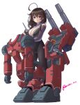  1girl ahoge armor black_hair blue_eyes bodysuit braid breasts brown_hair bubblegum_crisis commentary_request cosplay covered_nipples guncannon guncannon_(cosplay) gundam hair_between_eyes hair_flaps hair_ornament hair_over_shoulder hardsuit helmet kantai_collection looking_at_viewer mobile_suit_gundam moke_ro power_armor shigure_(kancolle) shigure_kai_san_(kancolle) shoulder_cannon simple_background single_braid small_breasts solo white_background 