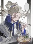  1boy absurdres blank_speech_bubble blonde_hair blue_hair blue_necktie blurry blurry_background bowl braid bright_pupils chinese_commentary choker chopsticks coat collared_shirt colored_eyelashes commentary_request eating face_piercing food gachiakuta grey_coat hair_pulled_back hair_tubes half_updo highres holding holding_chopsticks kamaboko labret_piercing long_hair long_sleeves looking_at_viewer male_focus multicolored_eyes multicolored_hair narutomaki necktie noodles open_mouth piercing ramen red_choker scar scar_on_face shirt solo speech_bubble tamsy_caines twin_braids two-tone_eyes two-tone_hair upper_body white_pupils xianzai_shi_wujiao_shijian yellow_eyes 