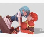  1boy 1girl absurdres alen_(fire_emblem) armor blue_armor blue_eyes blue_gloves blue_hair breastplate brown_pants commentary_request dress fingerless_gloves fire_emblem fire_emblem:_the_binding_blade gloves highres long_sleeves looking_at_another pants red_armor red_eyes red_hair short_hair short_sleeves signature thea_(fire_emblem) tuna_marusuke upper_body white_dress 