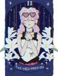  1girl angel_(killer_chat) blonde_hair card_(medium) chromatic_aberration closed_eyes commentary dress english_commentary eyewear_on_head facing_viewer flower frilled_shirt frills gradient_hair heart heart-shaped_eyewear jewelry just_a_chilly.pretzel killer_chat! lily_(flower) multicolored_hair necklace own_hands_clasped own_hands_together pink_hair pink_skirt shirt skirt smile solo tarot tarot_(medium) the_high_priestess_(tarot) tooth_necklace twintails variant_set white_shirt 
