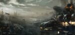  aircraft bridge building city cityscape cloud cloudy_sky commentary company_logo company_name concept_art copyright_name cyberpunk dated day english_commentary eve_online fictional_aircraft flying georg_hilmarsson grey_sky hangar highres industrial logo minmatar_republic_(eve_online) no_humans official_art outdoors radio_antenna scenery science_fiction signature sky skyscraper smog smoke steam thrusters 