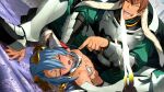  1boy 1girl blue_hair blush bound defeat energy_sword excited facial_mark forehead_mark game_asset highres injury lying motion_lines nipples on_back orion_(orionproject) parted_lips rance rance_(series) rance_x red_eyes silky_littleraisin sitting sitting_on_person stomping straddling sword third-party_source weapon 