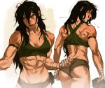  1girl abs absurdres ass ass_peek avatar_legends biceps black_hair commentary dumbbell english_commentary from_behind green_eyes green_sports_bra groin highres holding holding_dumbbell kuvira_(legend_of_korra) long_hair messy_hair micro_shorts multiple_views muscular muscular_female navel parted_lips shorts solo_focus spitting sports_bra the_legend_of_korra twitter_username wickesdt 